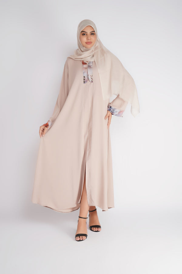 Ivory Printed Cuff Front-Open Abaya with Hijab