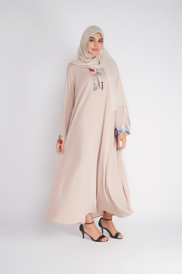 Ivory Printed Cuff Front-Open Abaya with Hijab