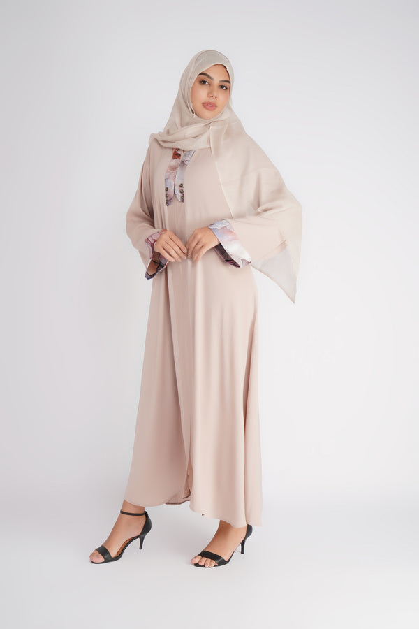 Ivory Printed Cuff Front-Open Abaya with Hijab