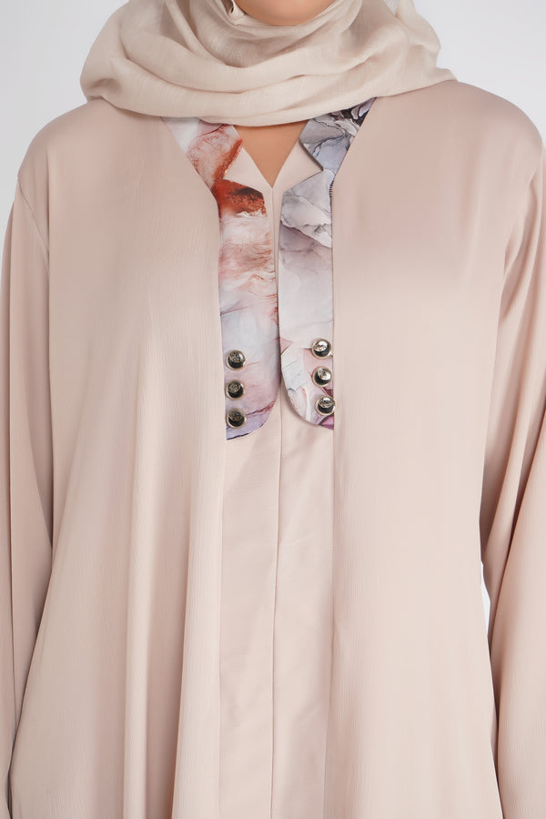 Ivory Printed Cuff Front-Open Abaya with Hijab
