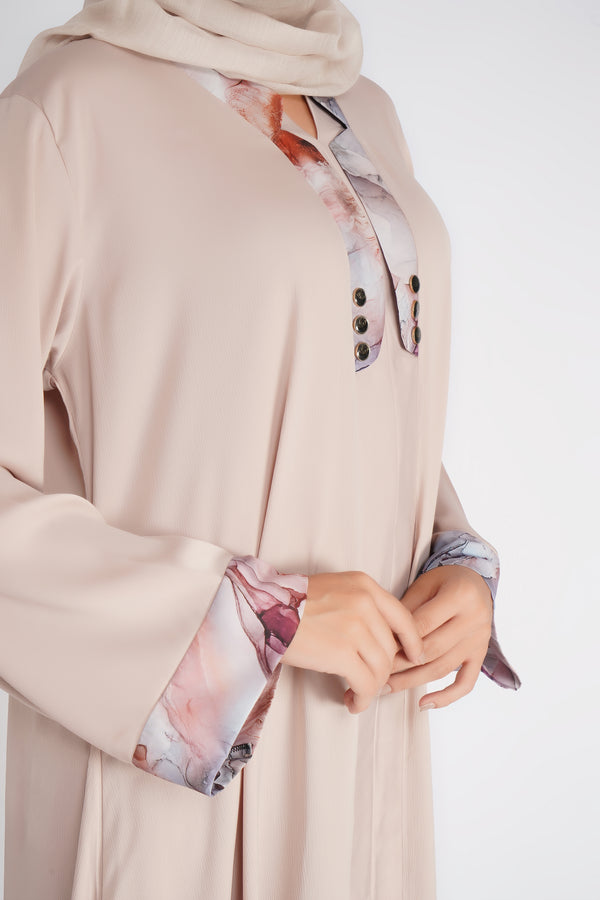 Ivory Printed Cuff Front-Open Abaya with Hijab