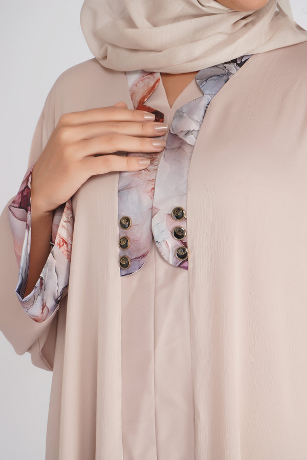 Ivory Printed Cuff Front-Open Abaya with Hijab