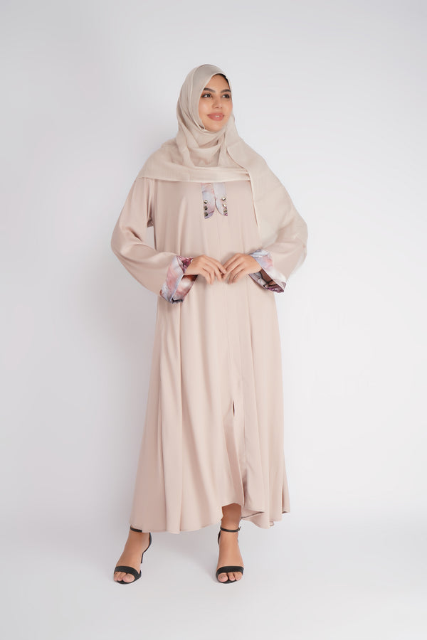 Ivory Printed Cuff Front-Open Abaya with Hijab