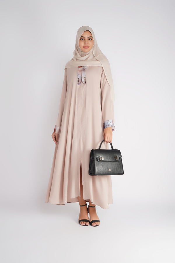 Ivory Printed Cuff Front-Open Abaya with Hijab